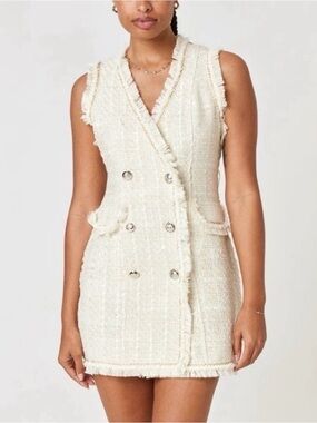 Trixxi Sleeveless Cream Tweed Double-Breasted Shift Dress